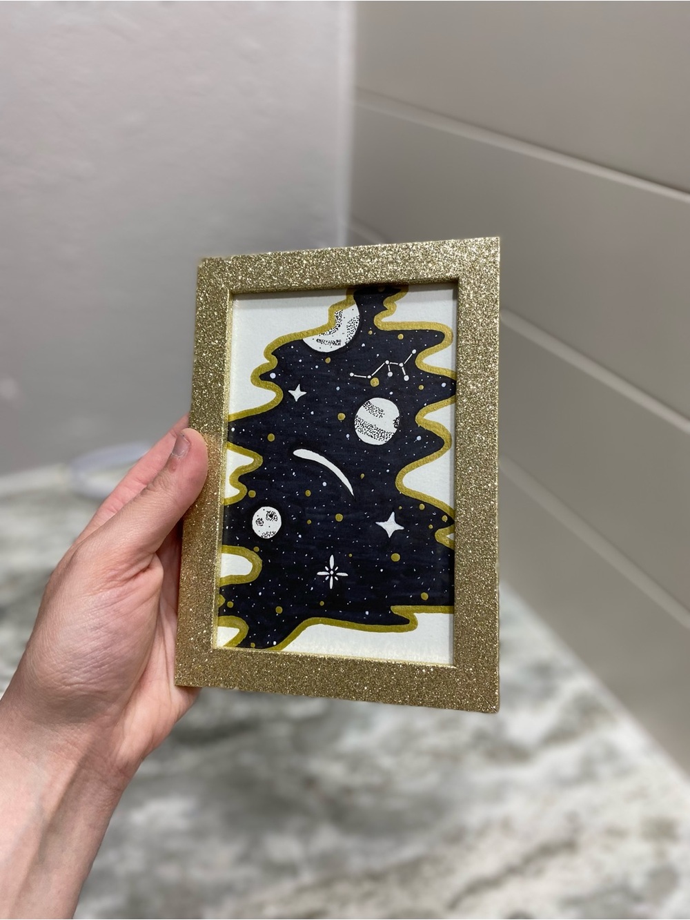 Hand Crafted Black & White Space Illustration w/ Gold Glitter Frame - Picture 4 of 8